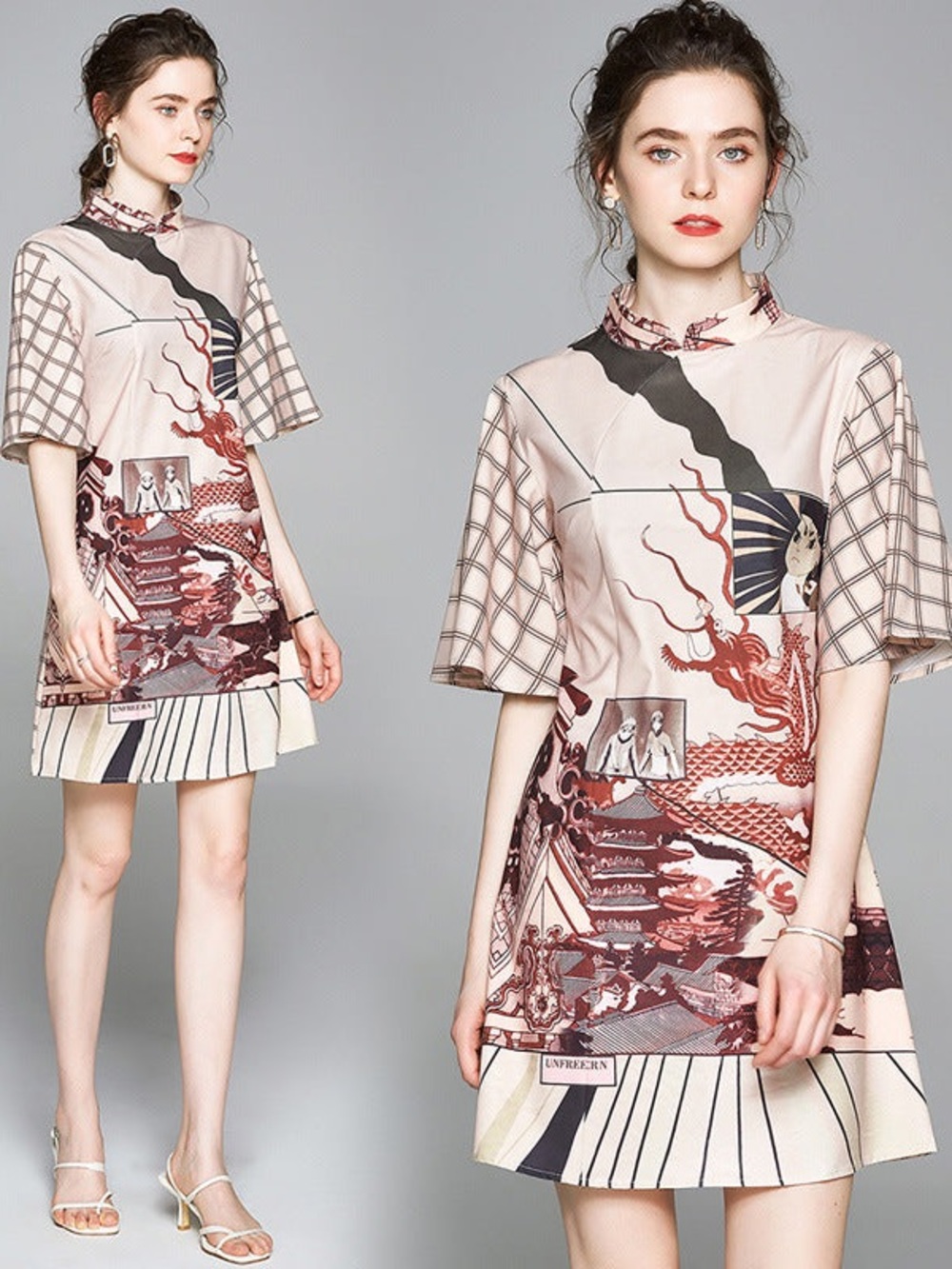 Printed Short Sleeve Shift Dress in Blush and Burgundy